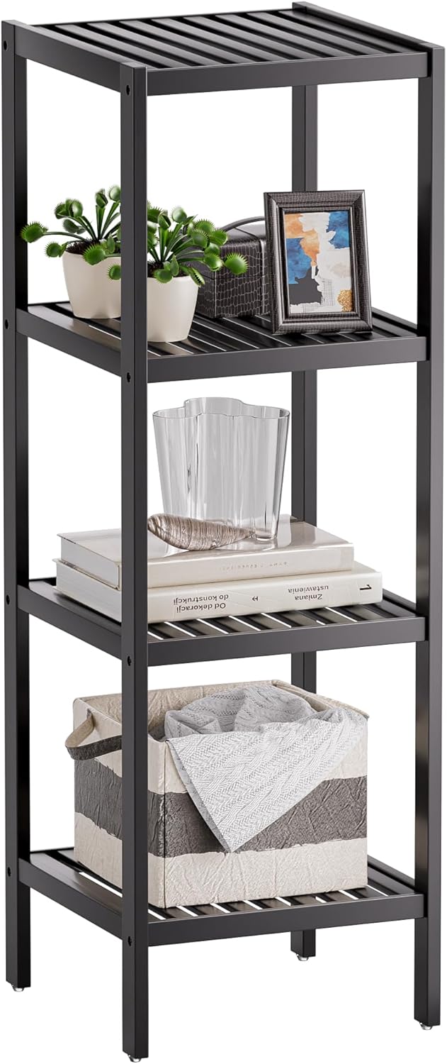 SMIBUY Bathroom Storage Shelf, 4-Tier Bamboo Rack Organizer, Multifunctional Shelving Unit for Living Room Bedroom Kitchen (Black)