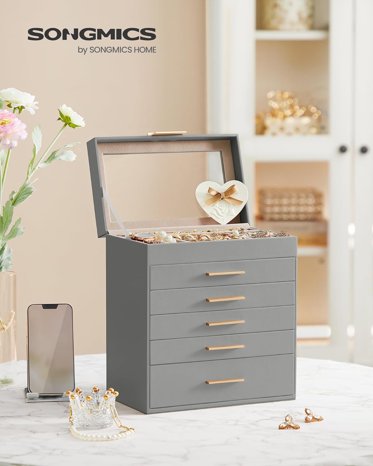 SONGMICS Jewelry Box Organizer with Glass Lid, 6-Layer Jewelry Storage, with 5 Drawers, Modern Style, Christmas Gift, 6.4 x 9.9 x 11.4 Inches, Dove Gray and Gold Color UJBC171G01