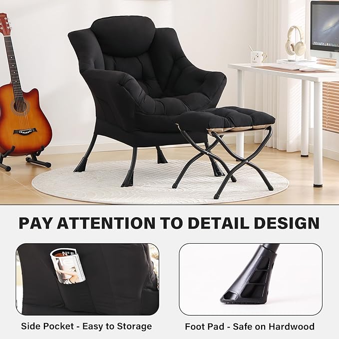Tiita Lazy Chair with Ottoman, Modern Large Accent Lounge Armchair, Comfy Leisure Sofa Reading Chair with Footrest for Bedroom, Living Room, Dorm Rooms, Garden and Courtyard, Black