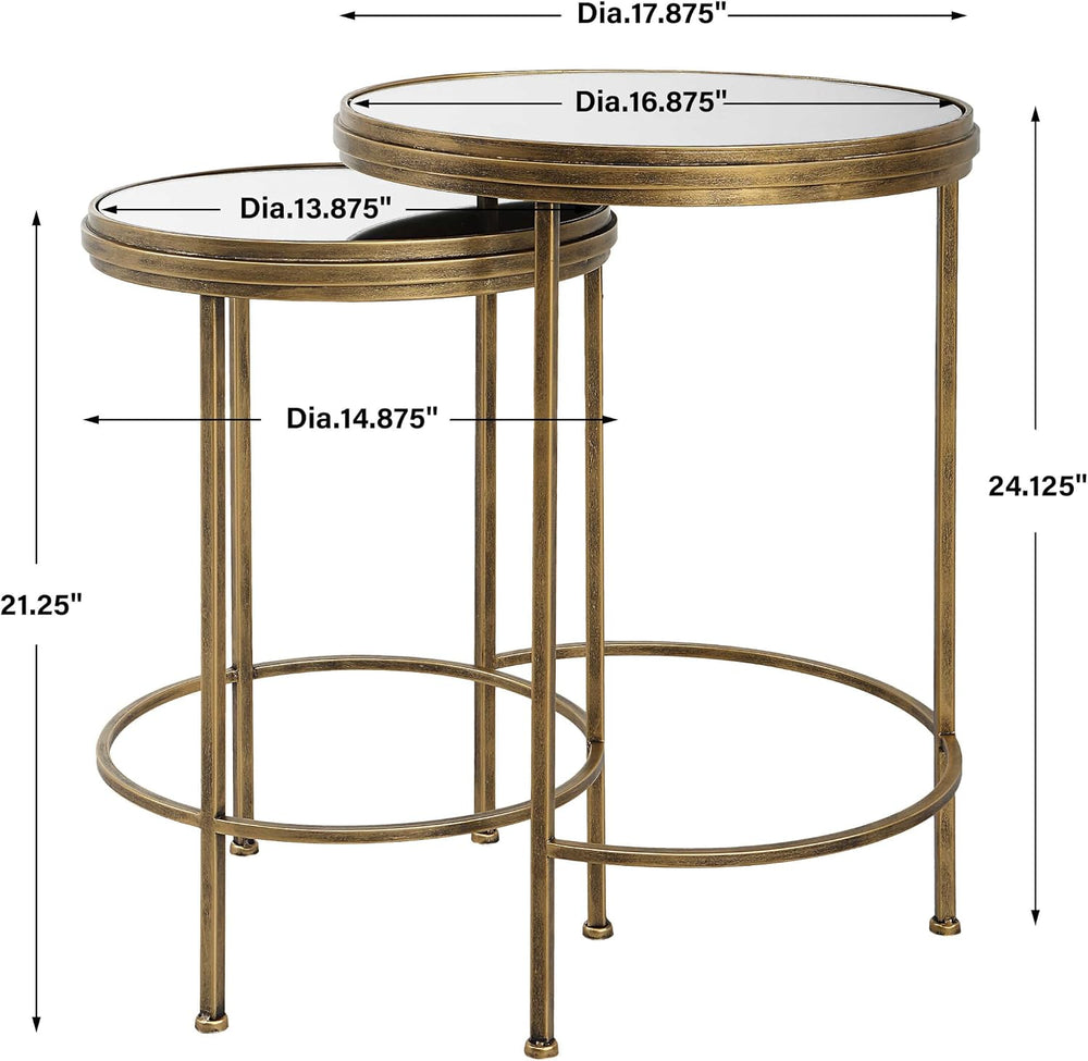Set of 2 Antique Brushed Gold Iron Nesting Tables with Mirrored Glass Tops Mo...
