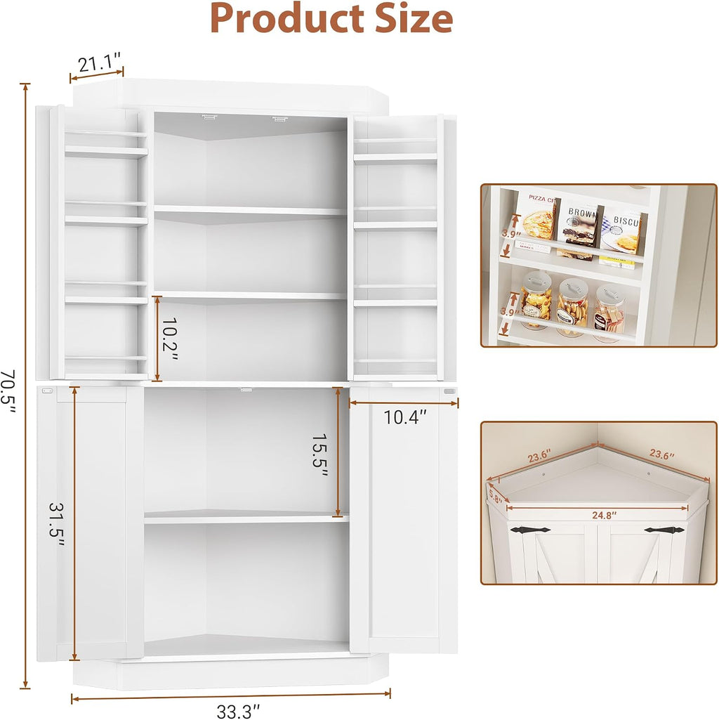 Jocoevol Corner Cabinet, Kitchen Pantry Storage Cabinet with 4 Doors and Shelves, Tall Food Pantry Storage Cabinet Farmhouse Furniture for Kitchen Dining Room, White