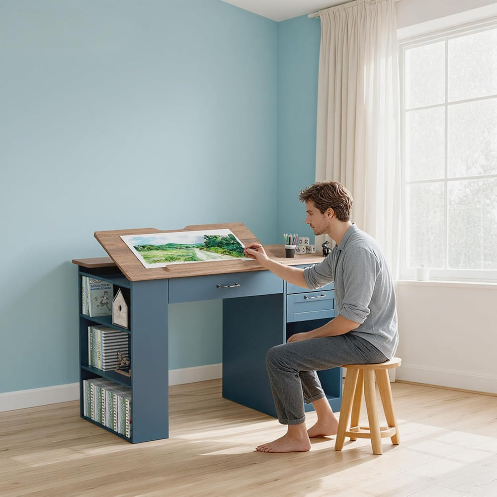 Drafting Table with Storage Cabinet & Drawers, Adjustable Drawing Table w...