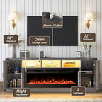 77 INCH Fireplace TV Stand for 85 Inch TVs, Farmhouse Entertainment Center with 50" Electric Fireplace and Power Outlets, LED Media Console Cabinet for Living Room, Grey