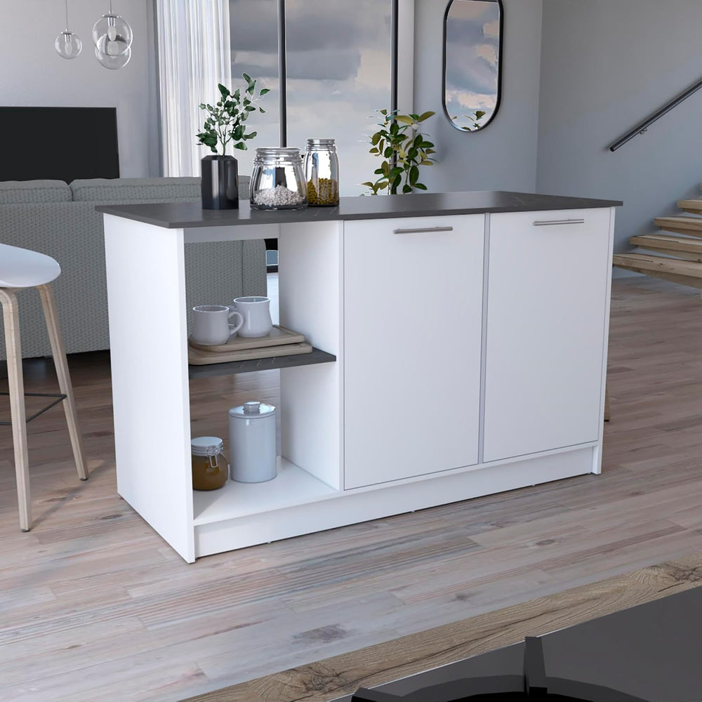 Kitchen Island with Large Top Surface and Double Door Cabinet White | Include...