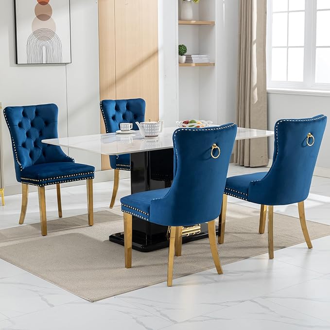 Blue Velvet Dining Chairs Set of 2, Kitchen Chairs Set of 2, Tufted Upholstered Dining Room Chair, Back Ring Pull Trim, Golden Stainless Steel Legs, Blue