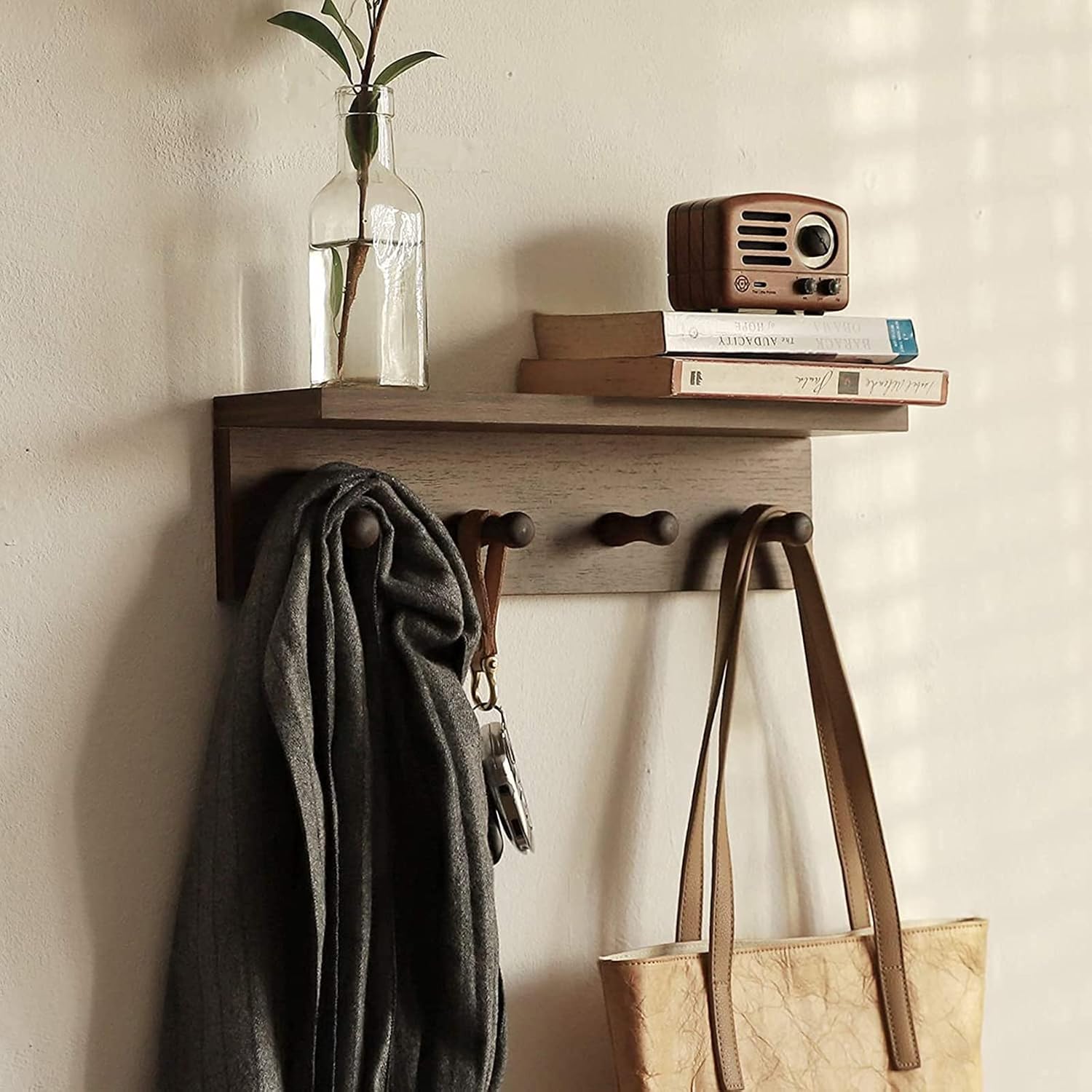 Entrance Coat Rack ，Coat Hooks, Wall-Mounted Wooden Hook Rack, Wall-Mounted Shelves are Very Suitable (Walnut Colored Finish-1)