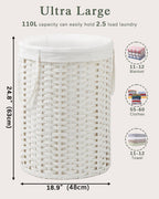 Laundry Basket Round Rattan Laundry Hamper 29.1 Gal (110 L) Handwoven Large Wicker Basket with Handles, Wicker Hamper with Removable Bags and 2 Mesh Bags for Bathroom Living Room White