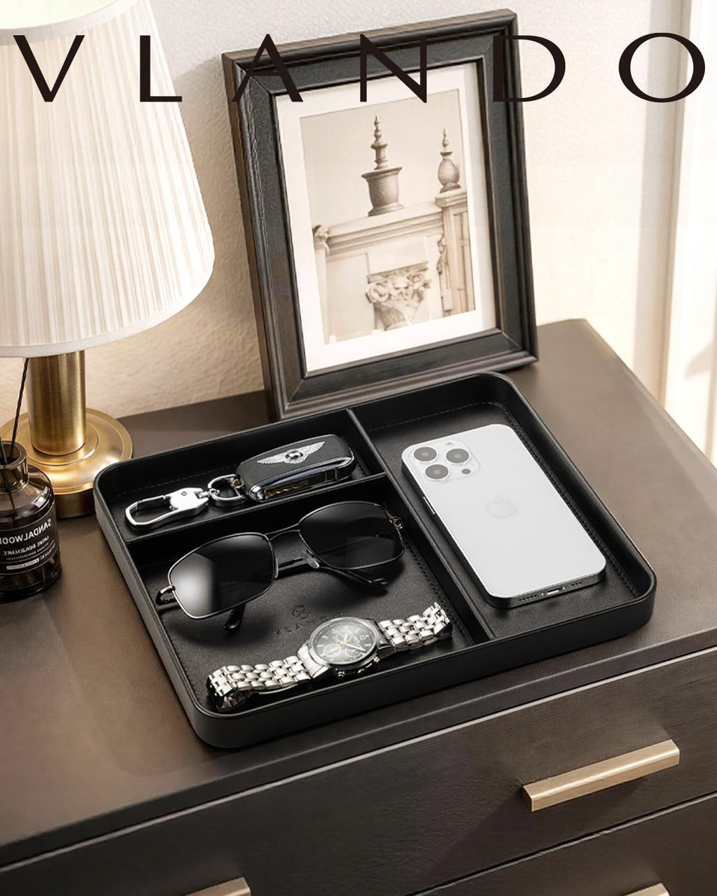 VLANDO Valet Tray, PU Leather Nightstand Organizer with Divider | Nightstand Decor, Key Tray, Divided Valet Tray,Catchall Tray with Dividers, EDC Tray, Watch Tray, Catchall Tray for Men Black