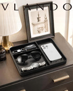 VLANDO Valet Tray, PU Leather Nightstand Organizer with Divider | Nightstand Decor, Key Tray, Divided Valet Tray,Catchall Tray with Dividers, EDC Tray, Watch Tray, Catchall Tray for Men Black