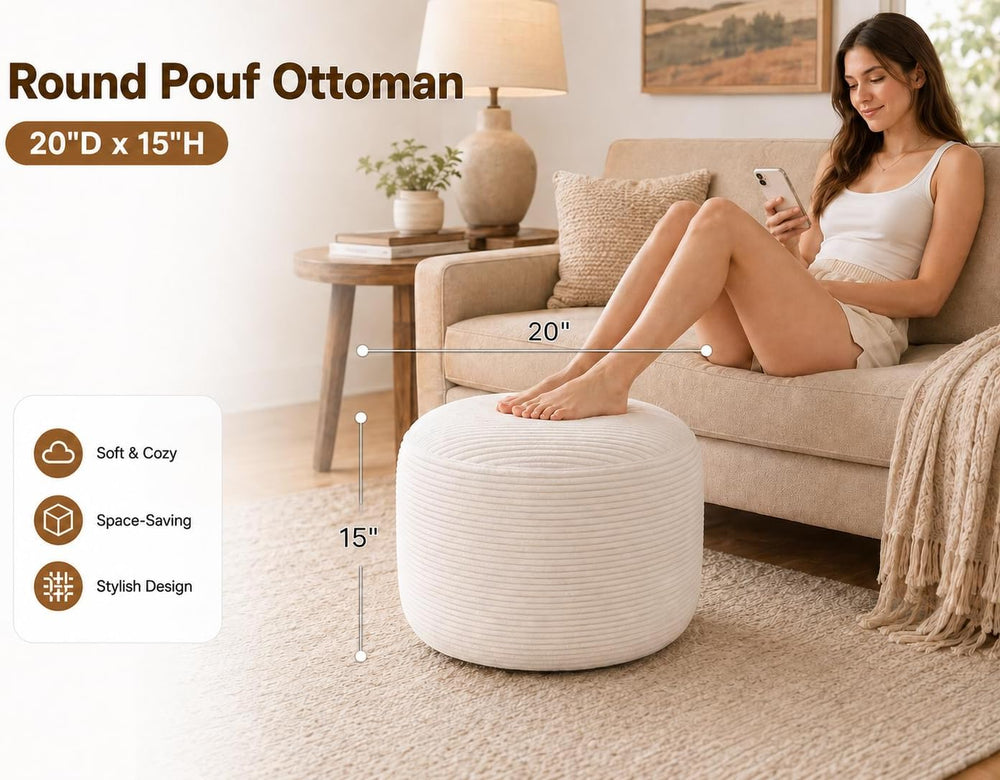 Round Pouf Ottoman Foot Rest 20 X 15 - Floor Pouf for Living Room Seating, So...