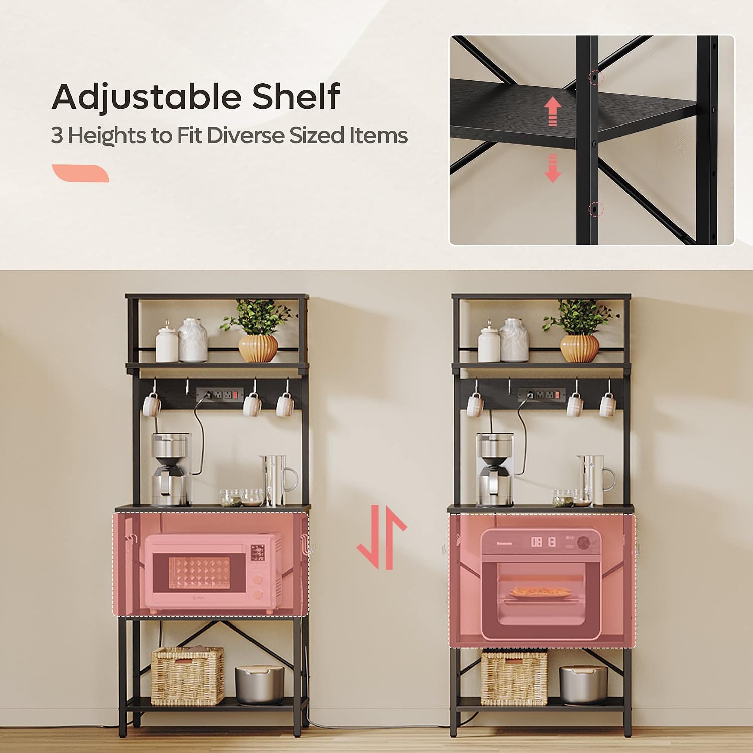 Bestier Bakers Rack with Power Outlet, Coffee Bar Table with Storage 5 Tiers, Standing Microwave Stand with 8 S-Shaped Hooks, Kitchen Storage Shelf Rack for Spices | Standing Microwave Stand with 8 S-Shaped Hooks, Kitchen Storage Shelf Rack for Spices