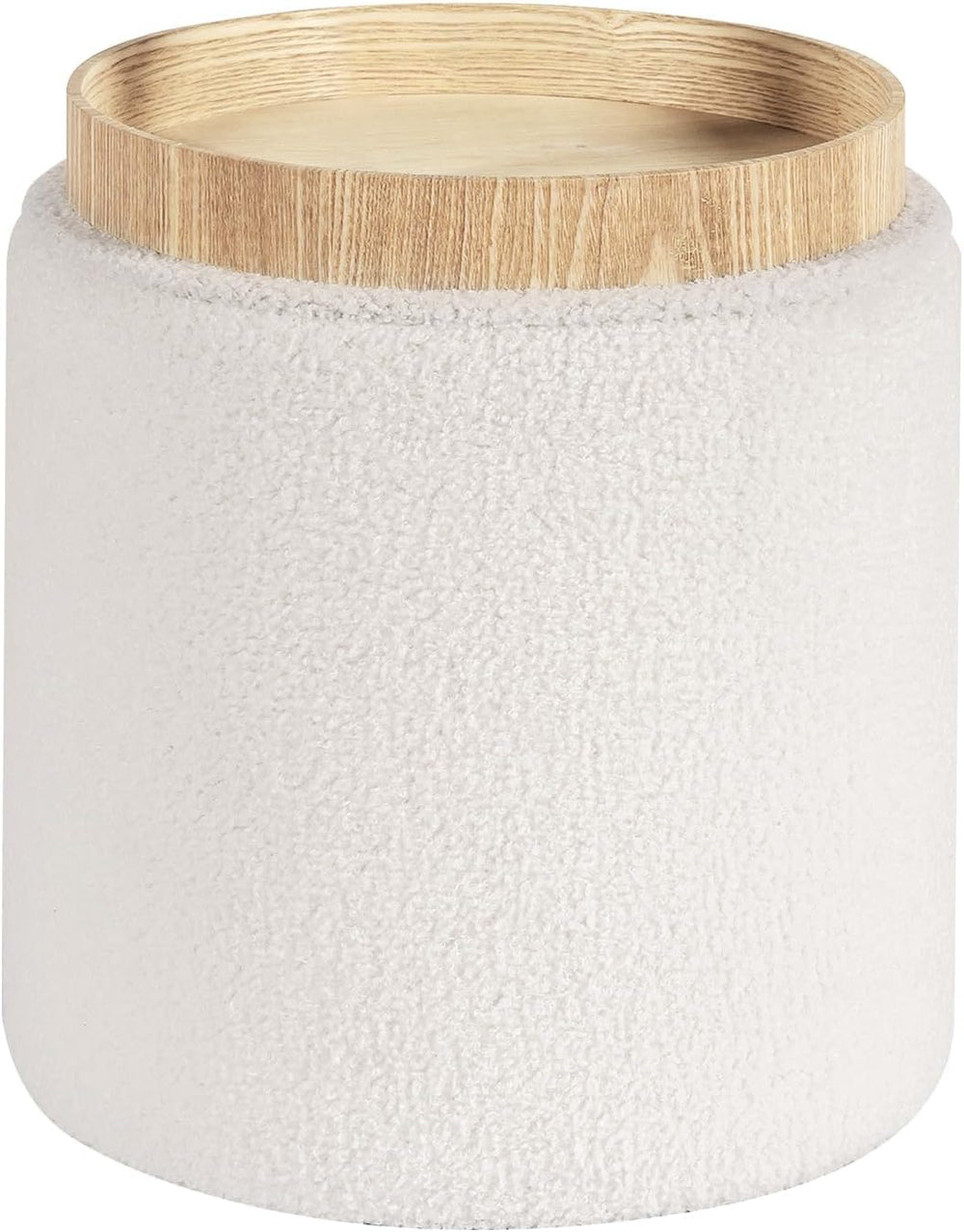 PINPLUS Round Storage Ottoman with Tray, Off-White Boucle Footstool