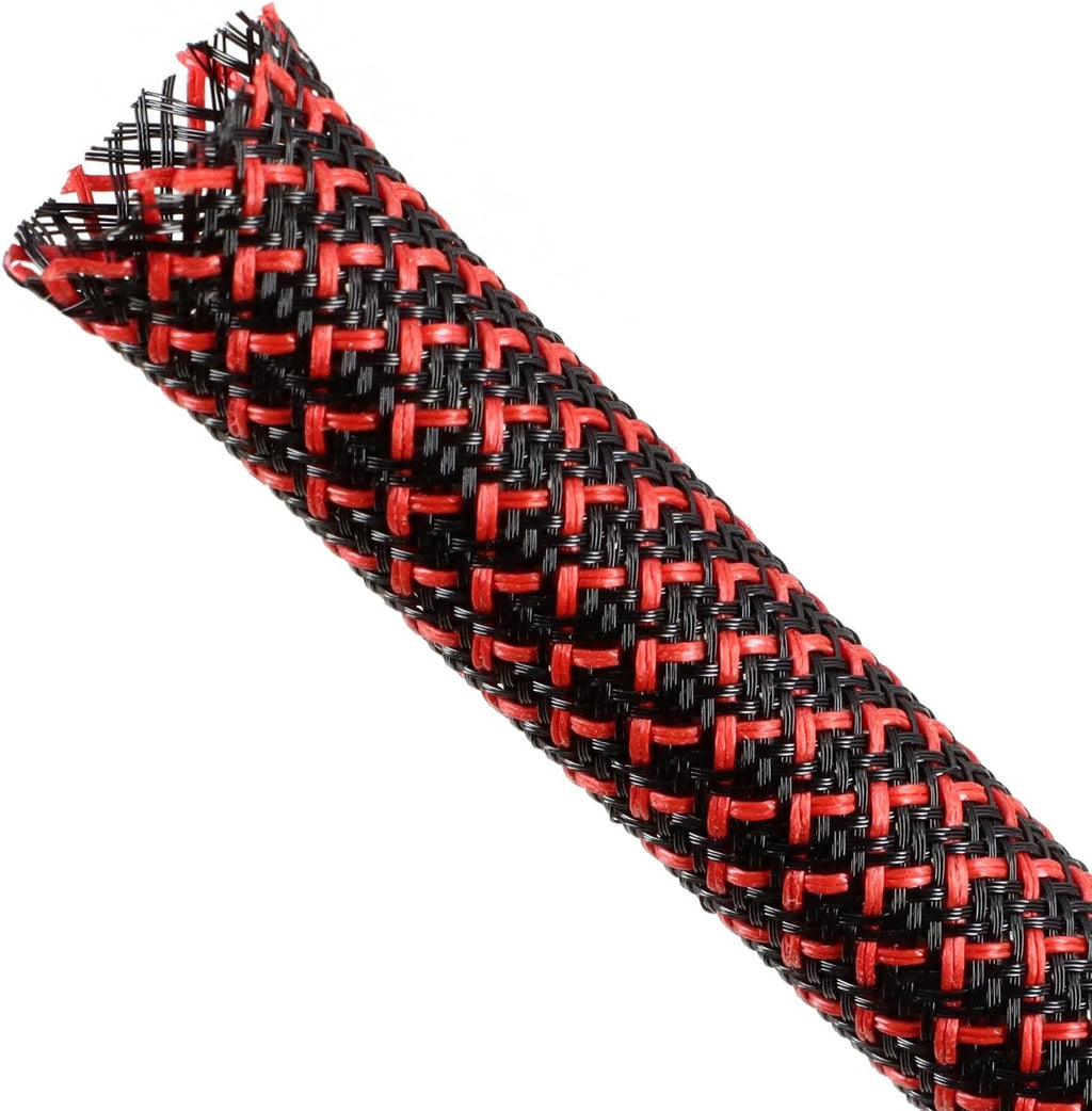 Braided Cable Sleeving, PET Expandable Braided Cable Sleeve, Flexible Mesh Sleeving Cord Management for Audio Video and Other Home Device, Cord Protector from Pets (Black Red, 1/4" x 25ft)