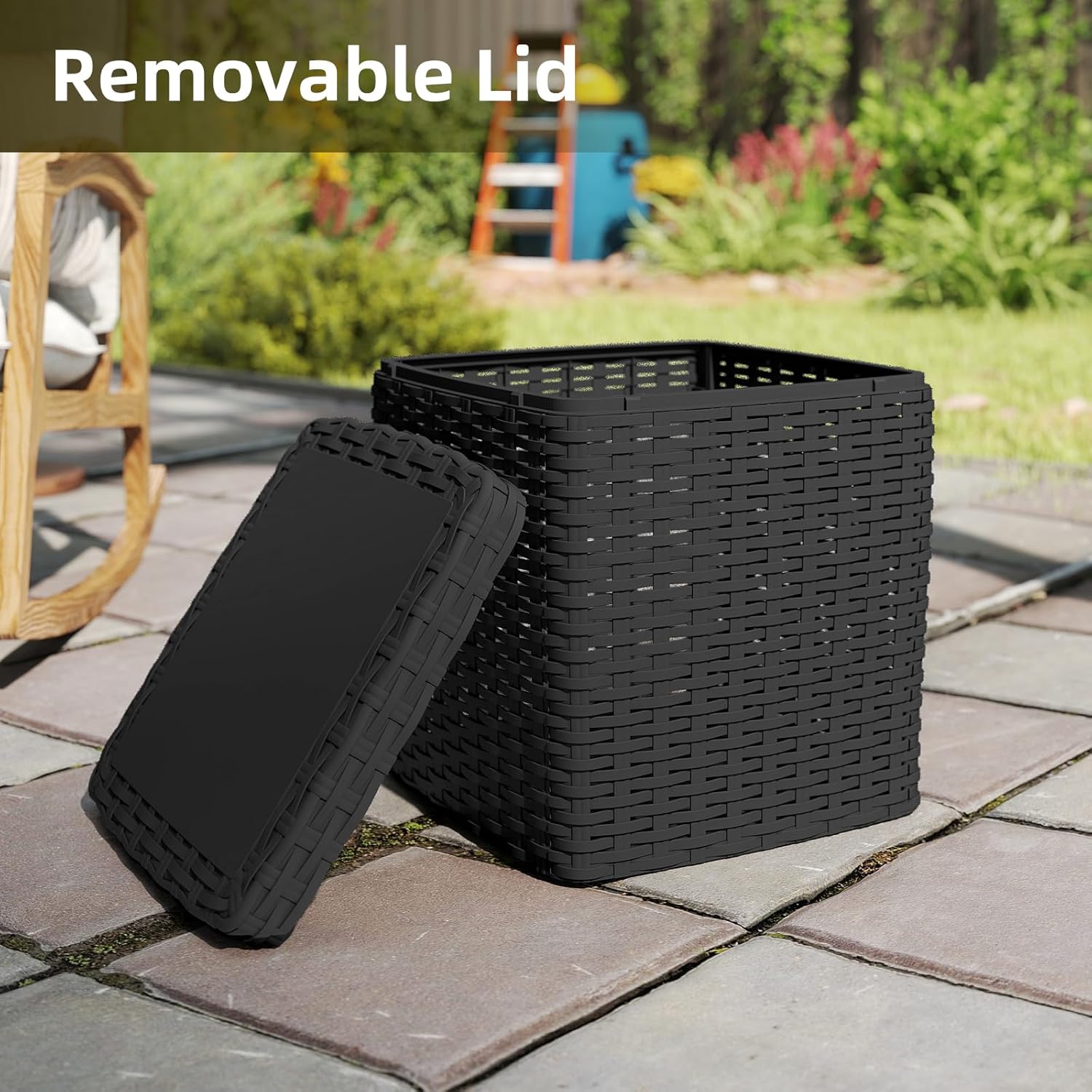 35 Gallon Outdoor Storage Box, Faux Rattan Deck Box with Removable Lid & Lockable Feature, All-Weather Waterproof Storage Bench for Poolside, Garden Tools Delivery Packages, Black