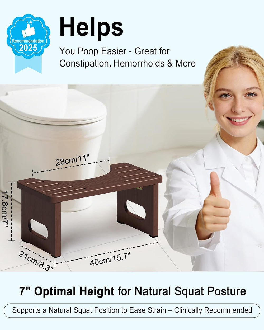 Foldable Toilet Stool, 7 Inch Poop Stool for Bathroom, Bamboo Toilet Stool Sq...