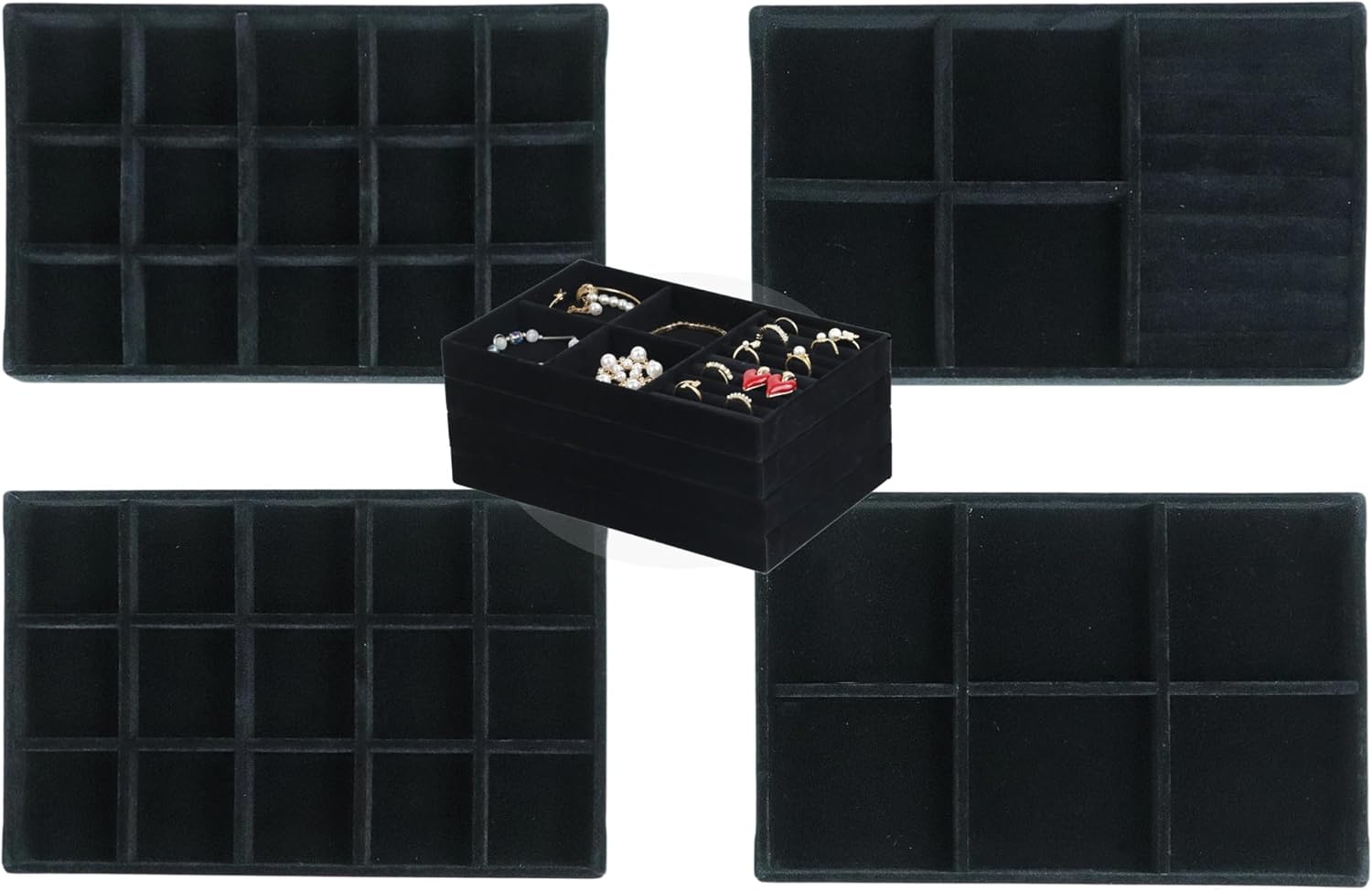 Set of 4 Stackable Jewelry Trays Organizer, Velvet Earring Organizer, Jewelry Organizer Showcase Display Drawer Organizer Storage, Earring Holder Necklace Bracelet Ring Accessary Organizers (Black)