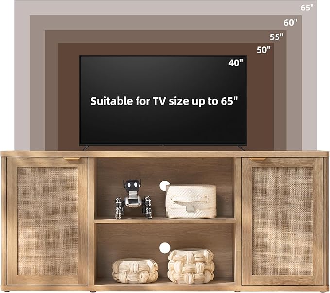 LEYAOYAO Rattan TV Stands for Living Room, Boho TV Cabinet with Storage and Open Shelf, Rustic Wood Entertainment Center, Media Console for 50-65 Inch TV, Natural Wood