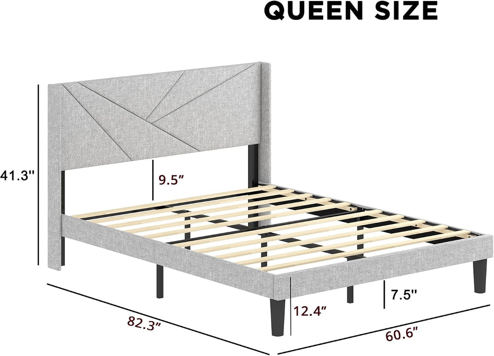 Queen Size Bed Frame with Upholstered Wingback Headboard, Easy Assemnly Platf...