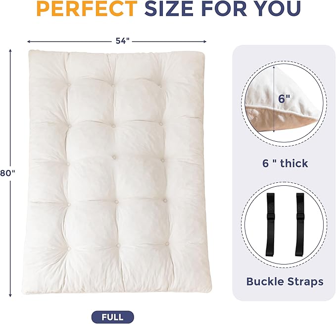 MAXYOYO Japanese Floor Mattress Full Size, 6" Foldable Futon Mattress Tufted Roll Up Floor Bed, Thick Chenille Tatami Mat Sleeping Pad for Camping Guest Room Dormitory Bedroom RV, Beige