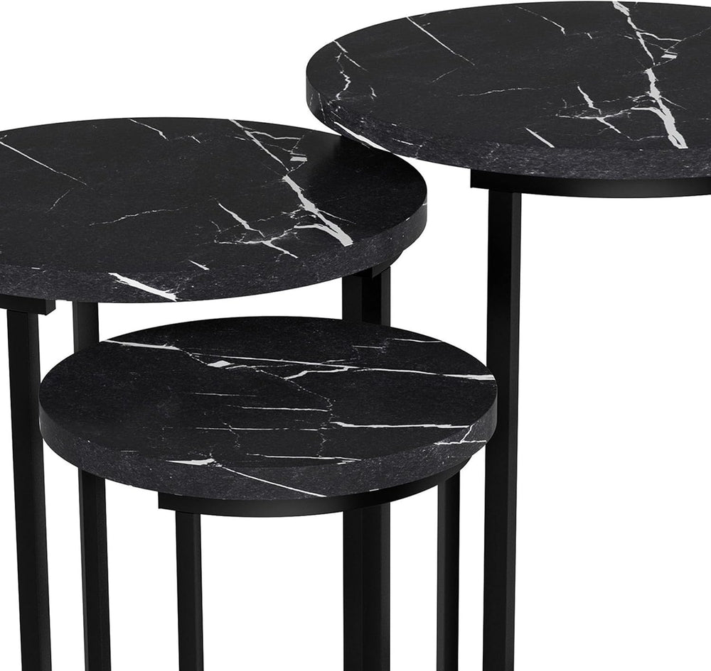 Lavish Home Round Nesting Tables Set of 3, Faux Marble Tabletop, Black