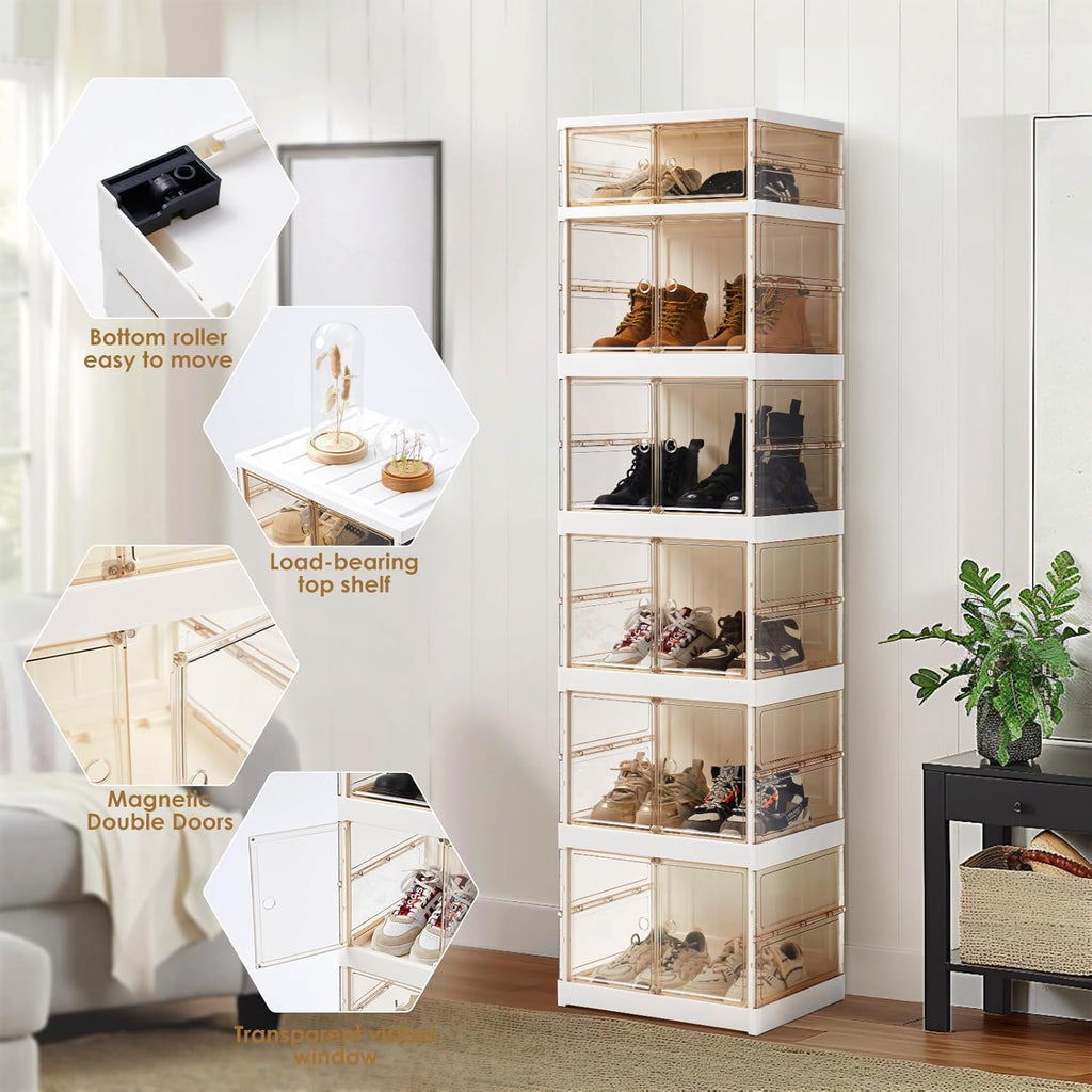 MGWILL Foldable Shoe Rack, Collapsible Shoe Organizers for Closet Plastic Clear Shoe Storage Box for Entryway, Large Stackable Sneaker Cabinet Bins Shoe Shelf with Magnetic Door 6 Tiers