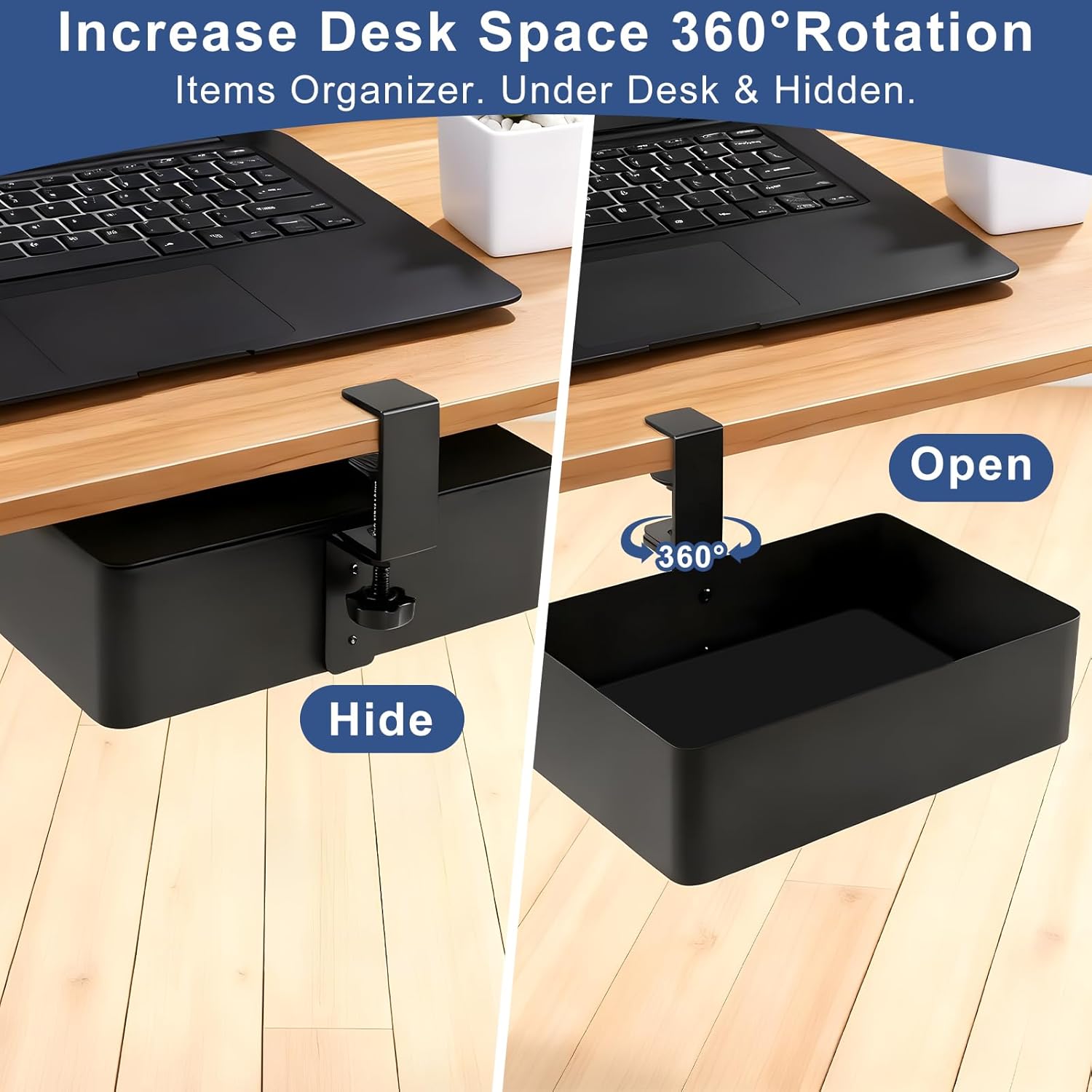 MYITYARD Under Desk Organizer, 360° Rotating Desk Cup Holder Clamp, Clamp on Drawer Under Desk Storage Organizer with Game Console, Phone, Cable Management for Office and Home (Rectangular)