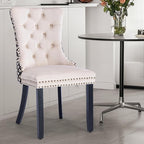 Velvet Upholstered Dining Chairs Set of 2, Modern Style Kitchen Side Chairs with Nailhead Trim and Wood Legs,Metal Pulling Ring for Dining Room Living Room(Quadrangular Star&Beige)