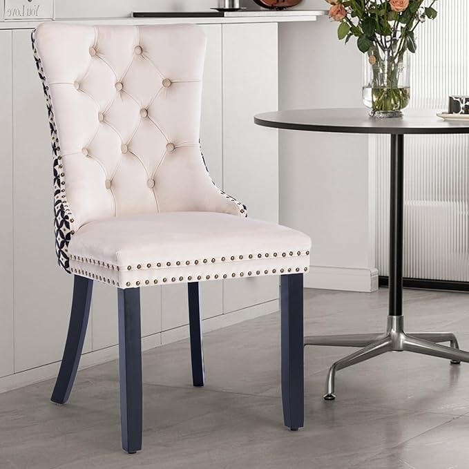 Velvet Upholstered Dining Chairs Set of 2, Modern Style Kitchen Side Chairs with Nailhead Trim and Wood Legs,Metal Pulling Ring for Dining Room Living Room(Quadrangular Star&Beige)