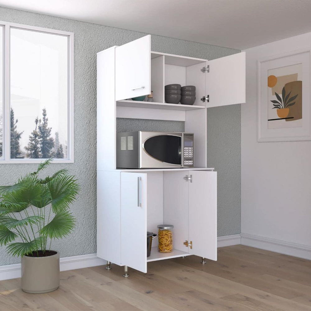 Malta Kitchen Pantry Double Door Cabinet, 4 Legs, 3 Shelves, White