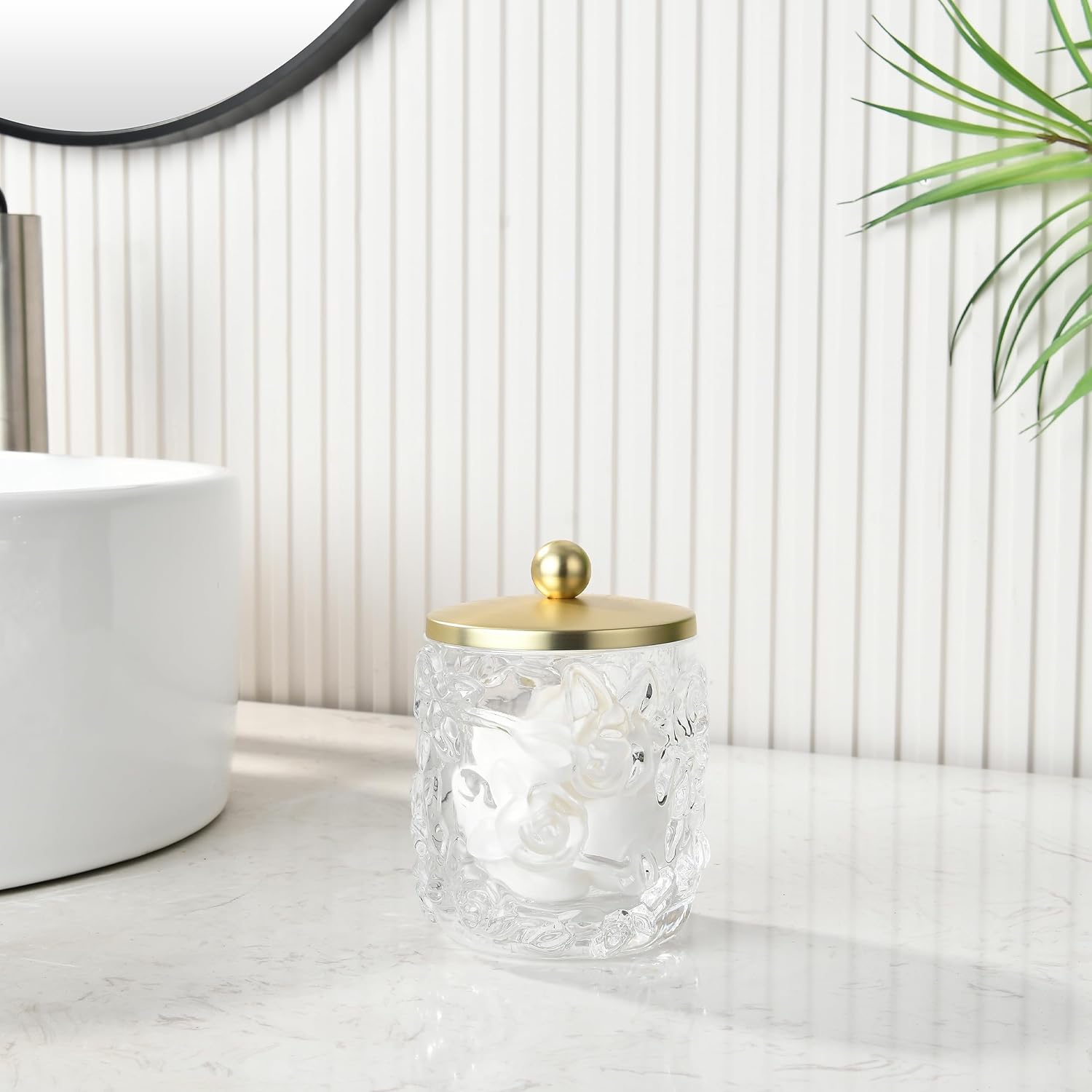 Clear Transparent Apothecary Floral Embossed Glass Jar With Gold Metal Lid Cover for Bathroom Organization, Cotton Balls, Q Tips, and Small Accessories, Bathroom Storage