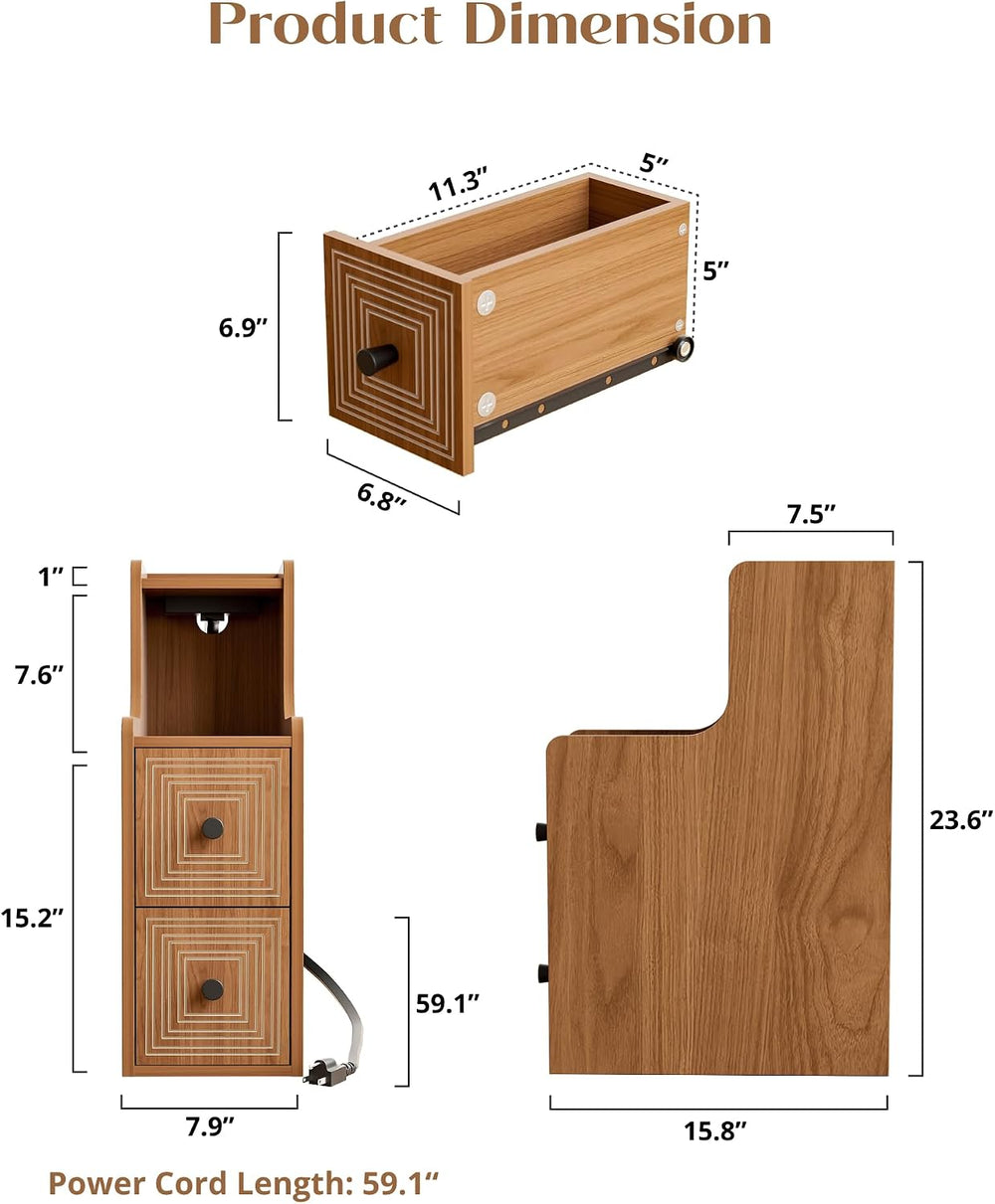 Set of 2 Narrow End Table with Charging Station, Wooden Slim Side Table with ...