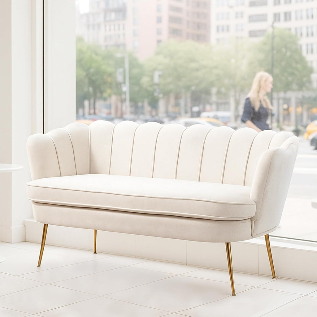 59'' Loveseat Sofa, Comfy Chenille 2-Seater Sofa with Gold Legs, Modern Shell Accent Couch for Studio, Living Room, Store, Office (Beige Chenille).