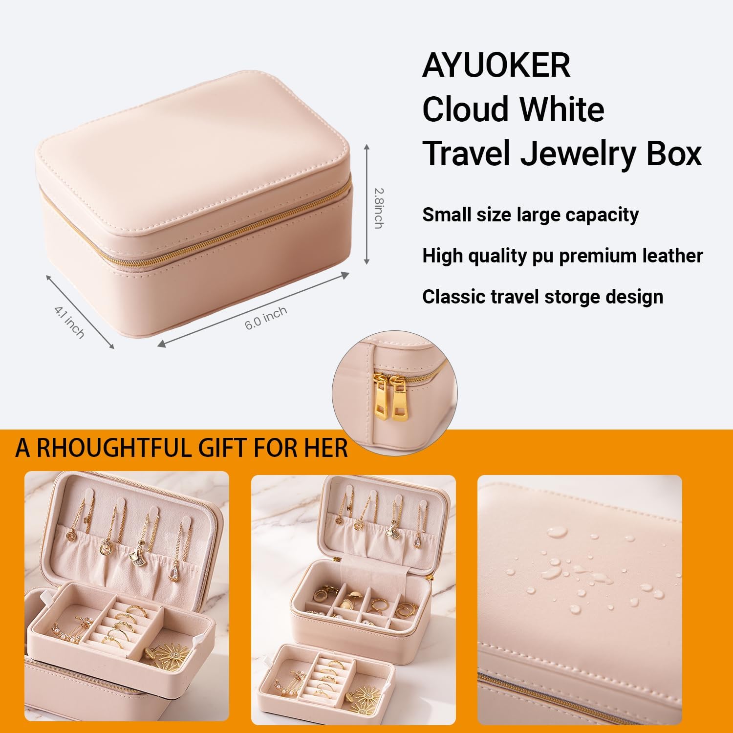Small Travel Jewelry Box,2 Layers PU Leather Travel Jewelry Box, Portable Jewelry Storage with Large Capacity,Cloud White Jewelry Organizer Box Teacher Gifts for Women