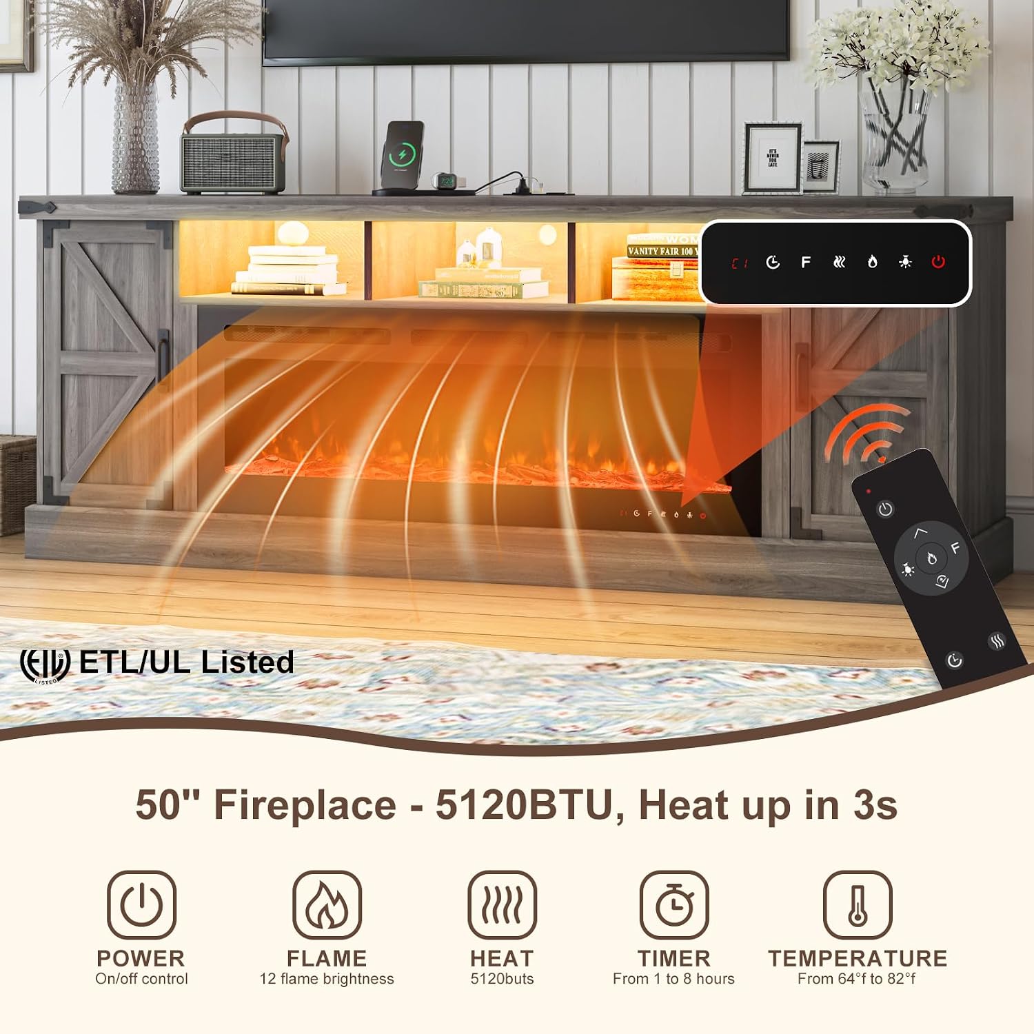 77 INCH Fireplace TV Stand for 85 Inch TVs, Farmhouse Entertainment Center with 50" Electric Fireplace and Power Outlets, LED Media Console Cabinet for Living Room, Grey