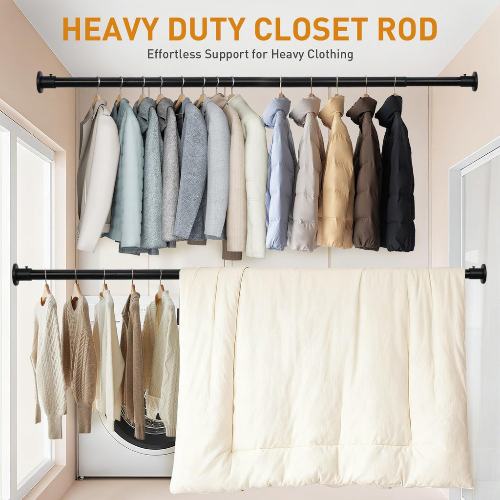Black Adjustable Closet Rod 18-63 Inches, Heavy Duty Metal Clothes Hanging Rod, Rust-Proof Non-Slip Wardrobe Bar for Closet, Laundry Room, RV