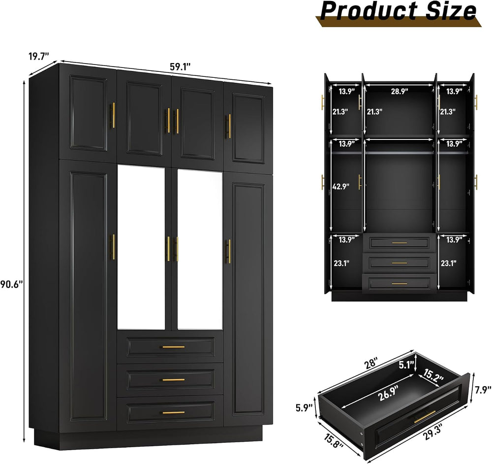 Hlivelood Large Armoire Wardrobe Closet Cabinet with Drawers and LED Lights, ...