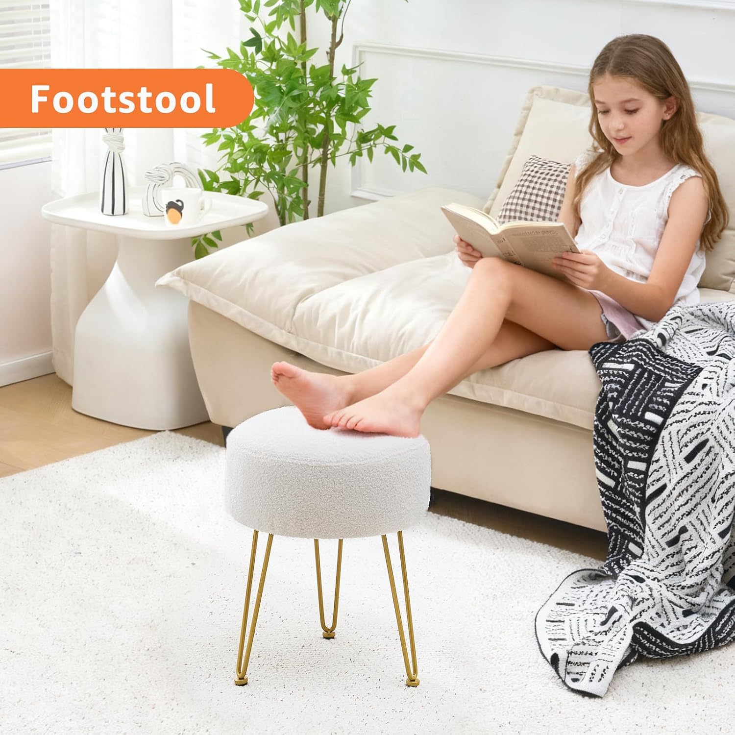 Vanity Stool, Teddy Velvet Ottoman Foot Stool, Dressing Table Seat with Metal Leg Vanity Chair for Bedroom, Living Room, Entryway, Offices