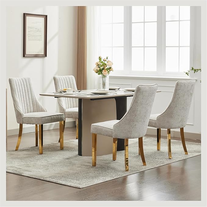 Dining Chairs Set of 4，Modern Channel Tufted Upholstered Dining Chairs with Golden Stainless Steel Legs, Comfortable Chenille Fabric Kitchen Chairs for Dining Room (Beige, 4pc)