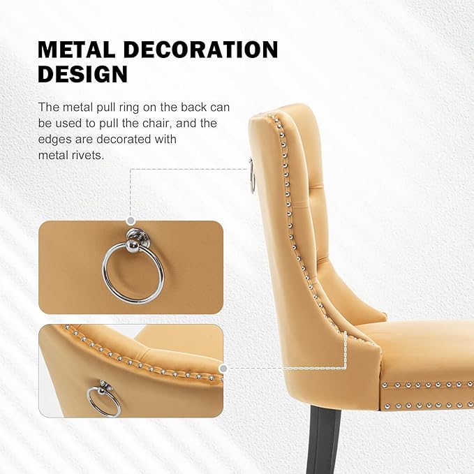 Velvet Dining Chairs Set of 2,Upholstered Dining Chairs with Ring Pull Trim and Button Back,Modern Seating for Kitchen, Bedroom & Living Room(Gold)
