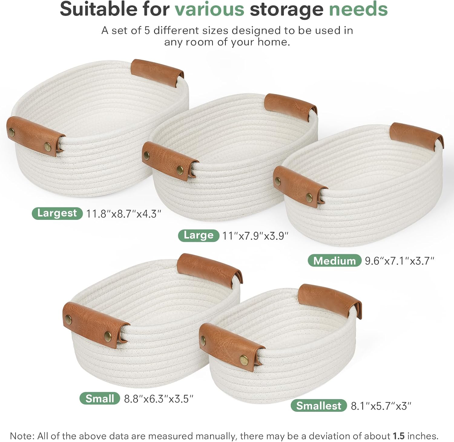 ECDYQXVU Small Woven Storage Baskets Cute Cotton Rope Basket Set 5 Pack | 5 Sizes Set, Leather Handles, Keeps Shape, Easy to Clean, Living Room, Bathroom, Drawer Organizer, Socks, Cosmetics, Decor