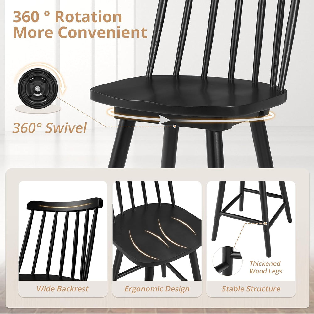 LUE BONA 360° Swivel Bar Stools Set of 3, Black Windsor Barstools, Counter He...