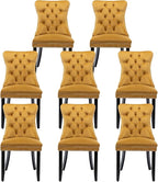 Velvet Upholstered Dining Chairs Set of 8, Modern Style Kitchen Side Chairs with Nailhead Trim and Wood Legs,Metal Pulling Ring for Dining Room Living Room(Gold)
