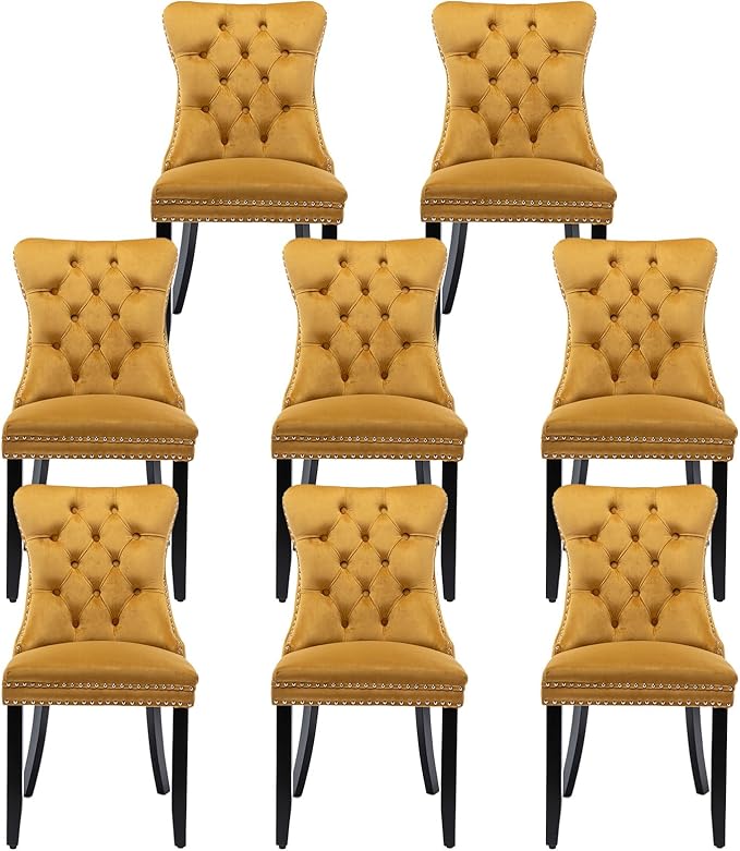 Velvet Upholstered Dining Chairs Set of 8, Modern Style Kitchen Side Chairs with Nailhead Trim and Wood Legs,Metal Pulling Ring for Dining Room Living Room(Gold)