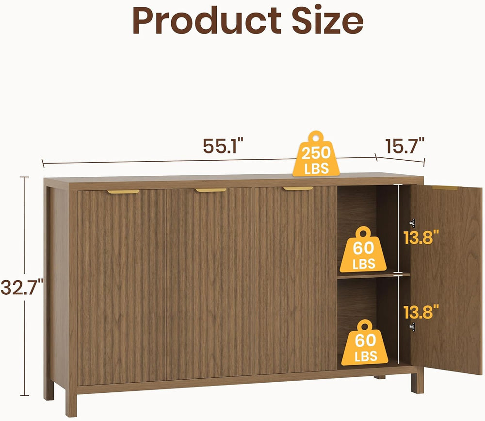 Fluted Buffet Cabinet with Storage, 55" Sideboard Cabinet with 4 Doors, ...
