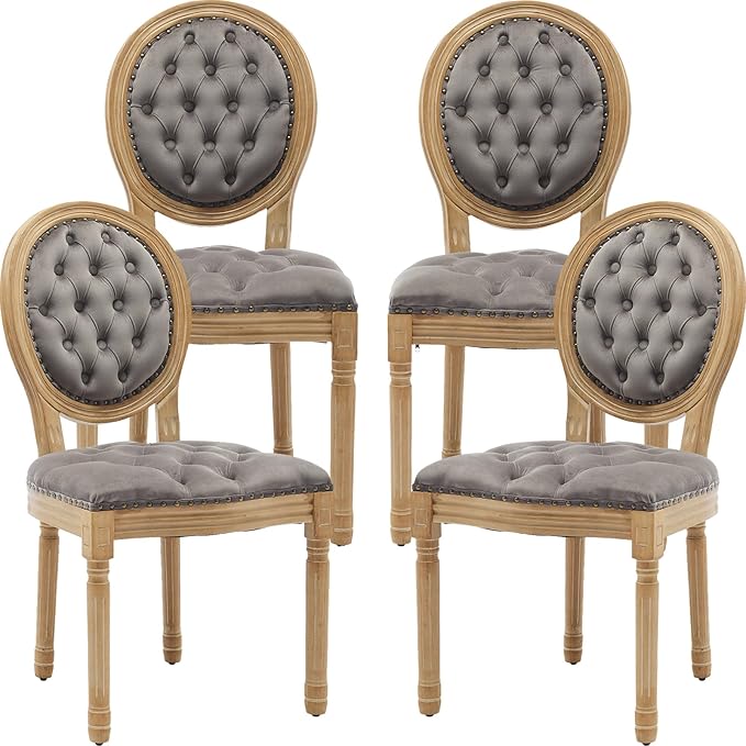 French Country Dining Chairs Set of 4, Gray Kitchen & Dining Room Chairs, Velvet Kitchen Chairs, Tufted Upholstered, Wood Legs, Sillas De Comedor (Velvet, Grey, 4 Pcs)