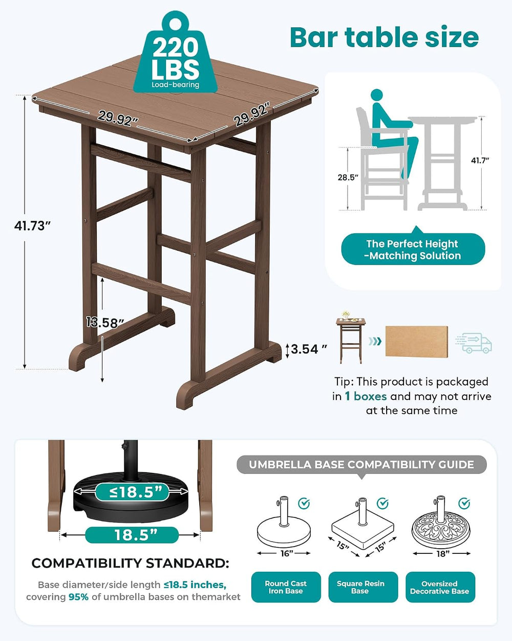 SERWALL HDPE 41.7" Bar Height Table with Umbrella Hole, Brown