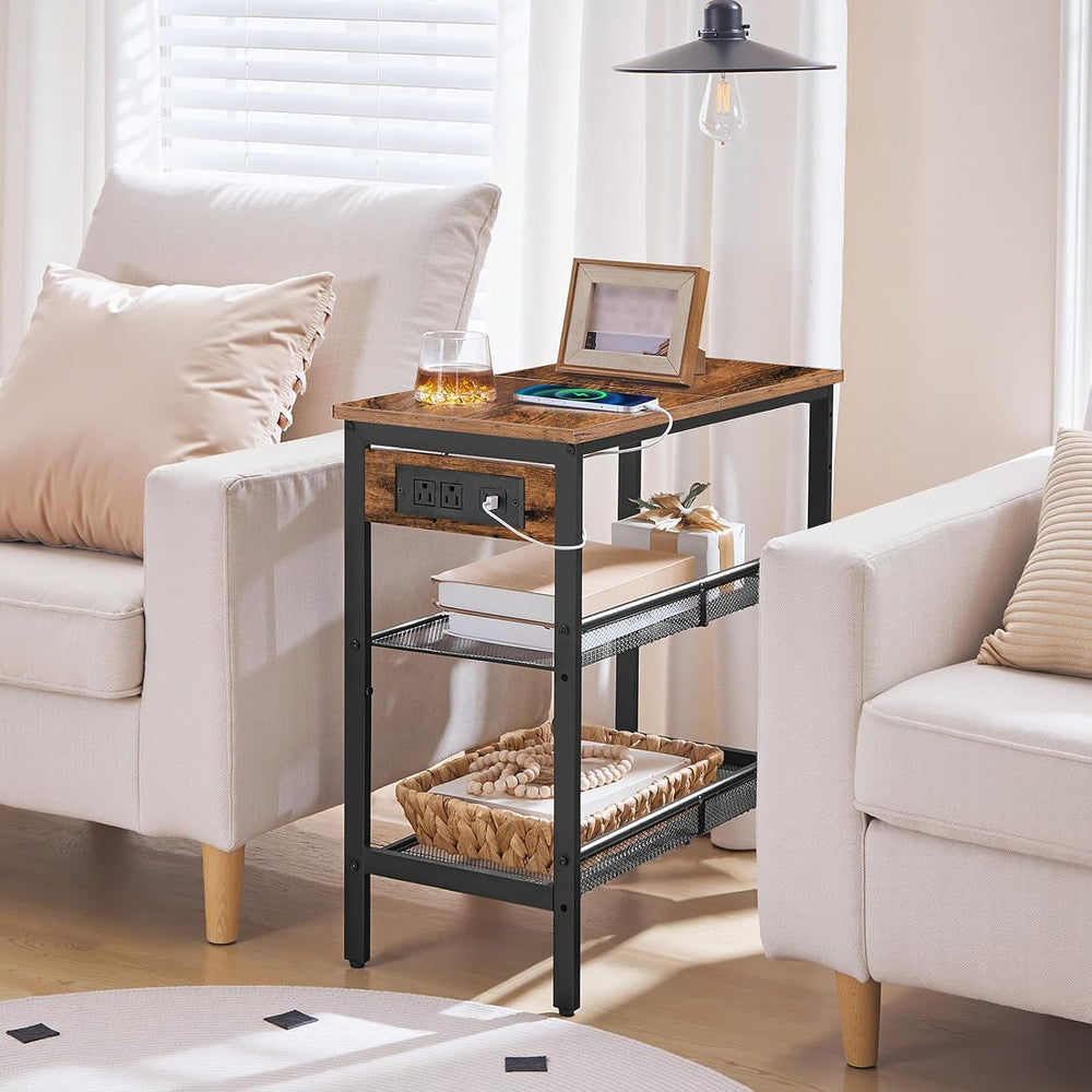 HOOBRO End Table, 3-Tier Narrow Side Table with Charging Station, Nightstand ...