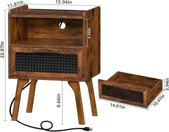 Lerliuo Rattan Nightstand with Charging Station, Side Table with Drawer Open ...