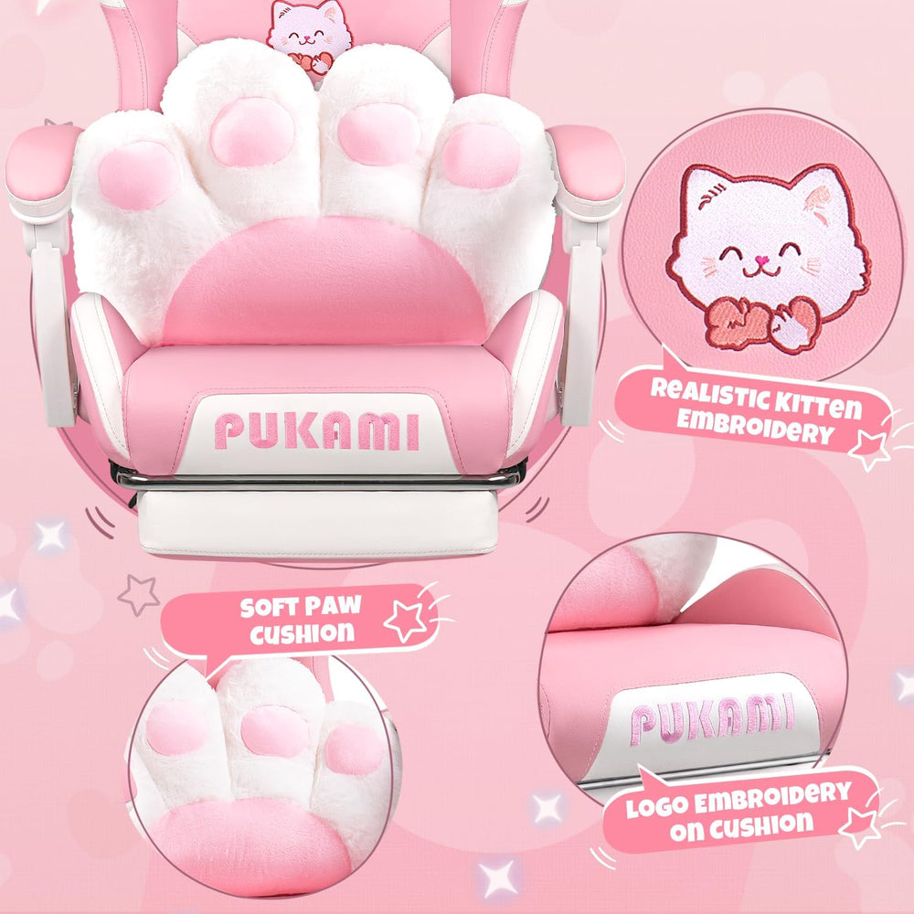 Pink Gaming Chair with Cat Ears & Footrest, Ergonomic Gaming Computer Des...