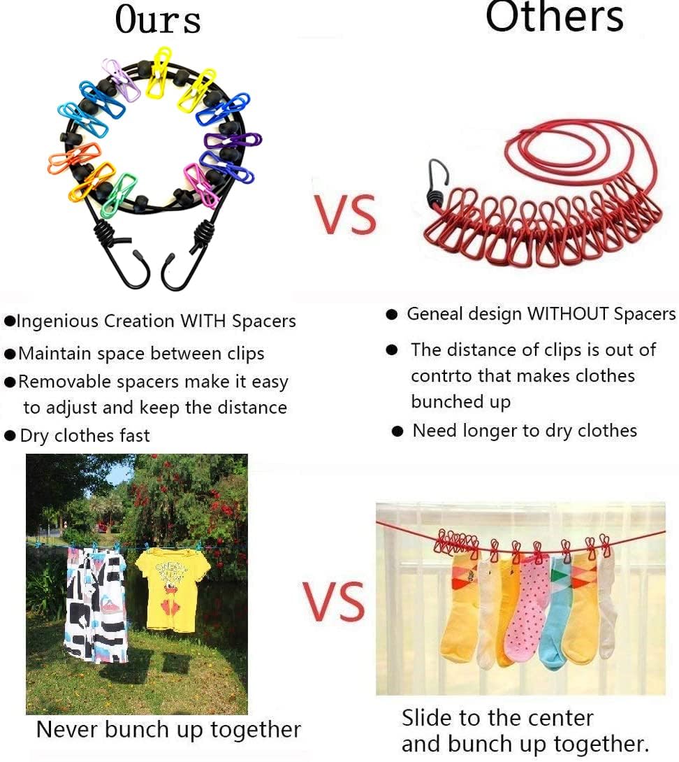 1 Pack Portable Clothesline with 12 Clothespins, Windproof Travel Clothesline Stretchy Retractable Elastic Laundry Clothes Line for Backyard, Vacation Hotel, Balcony Clothes Drying Line (Color)